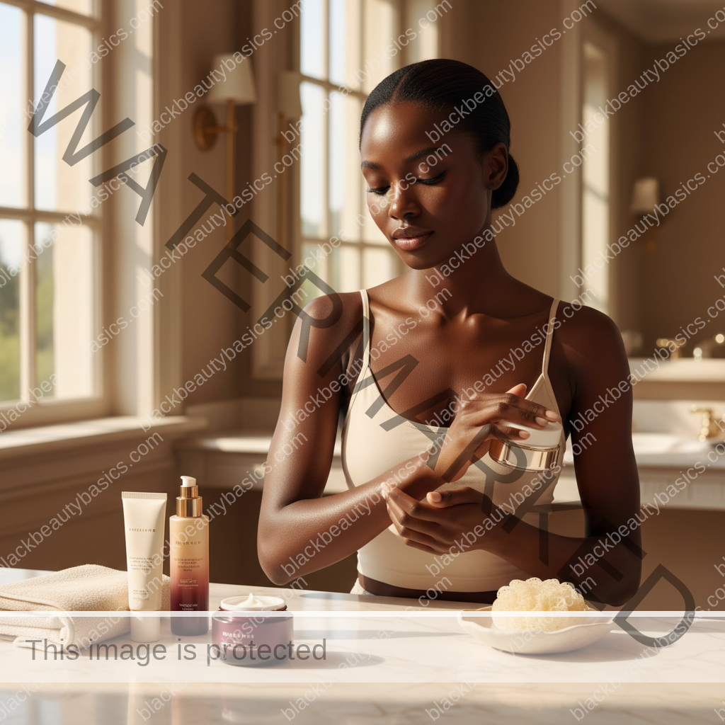 Melanin-rich Black woman with rich brown skin in a warm editorial body care moment for How to Build a Body Routine for Strawberry Skin on Dark Tones