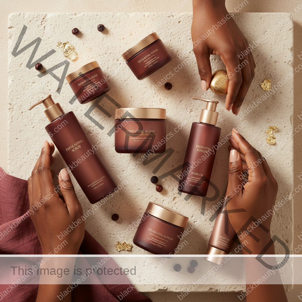 Body care essentials for How to Build a Body Routine for Strawberry Skin on Dark Tones in ivory plum bronze and soft gold tones