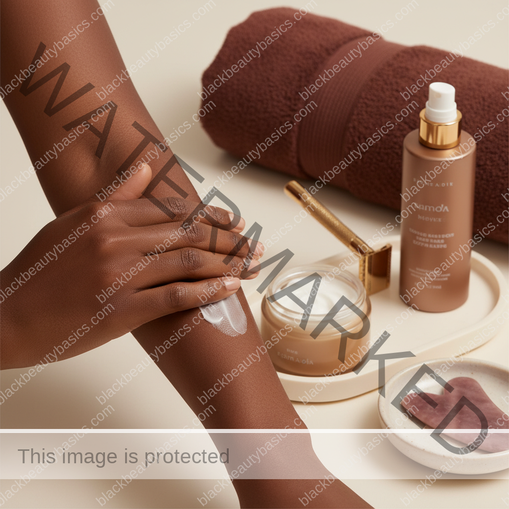 Melanin-rich Black woman with rich brown skin using a practical body care step with natural hands and correct anatomy