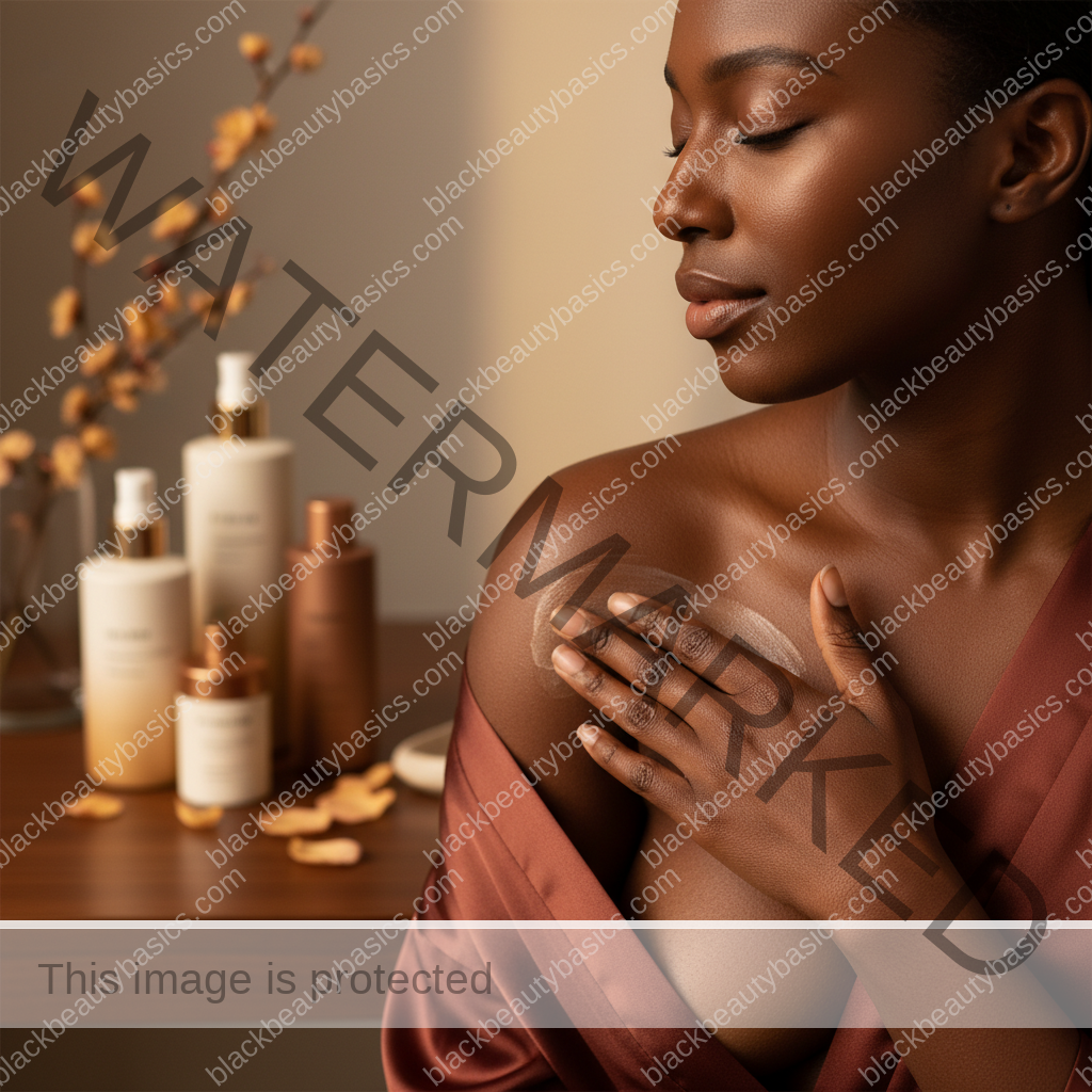 Melanin-rich Black woman with rich brown skin in a soft reassuring body care scene