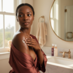 Melanin-rich Black woman with rich brown skin in a warm editorial body care moment for Body SPF Habits That Matter When You Are Treating Marks and Texture