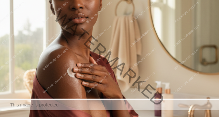 Melanin-rich Black woman with rich brown skin in a warm editorial body care moment for Body SPF Habits That Matter When You Are Treating Marks and Texture