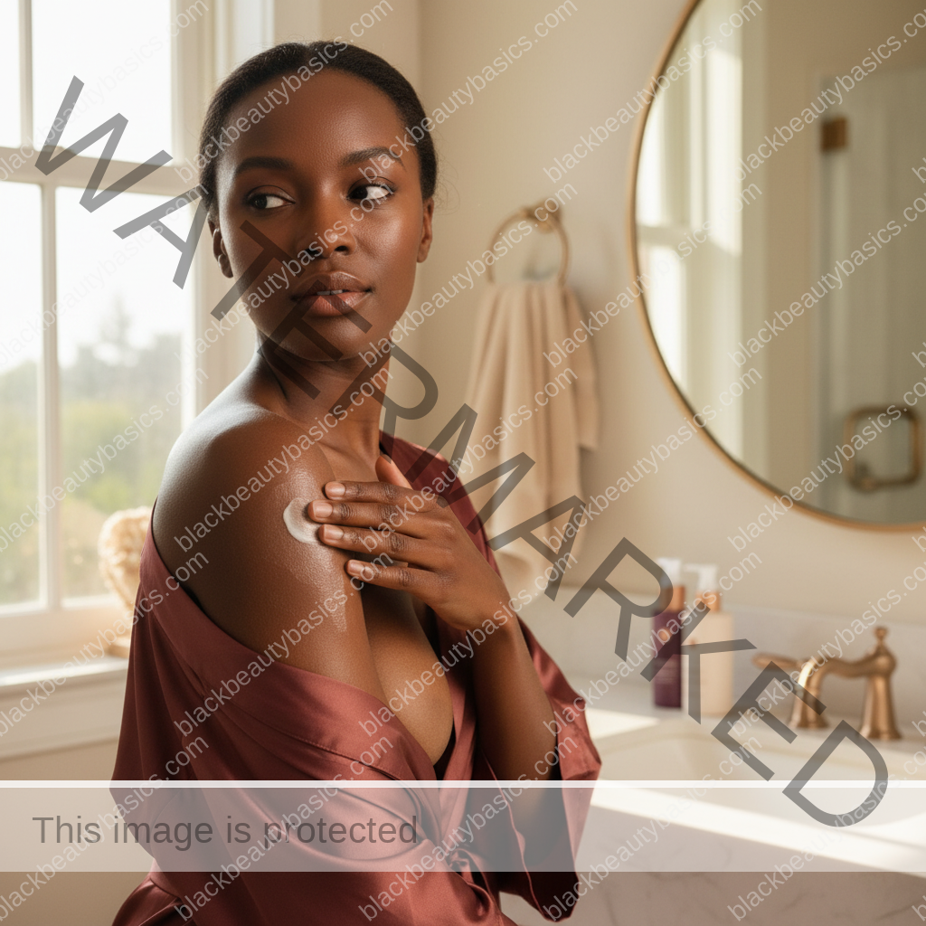Melanin-rich Black woman with rich brown skin in a warm editorial body care moment for Body SPF Habits That Matter When You Are Treating Marks and Texture