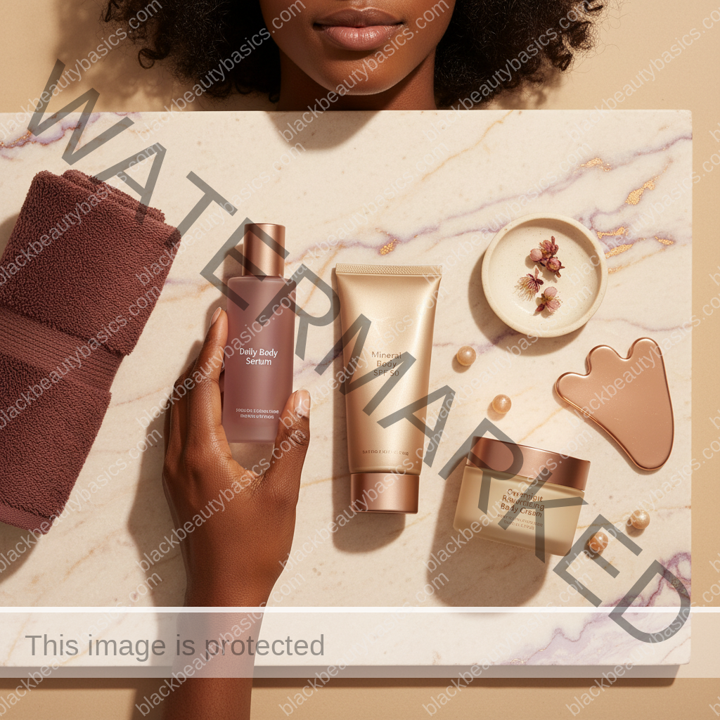 Body care essentials for Body SPF Habits That Matter When You Are Treating Marks and Texture in ivory plum bronze and soft gold tones