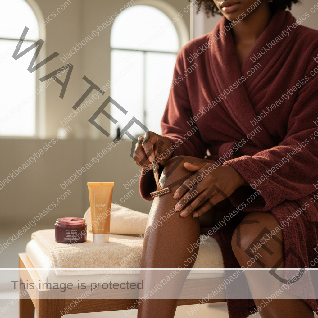 Melanin-rich Black woman with rich brown skin using a practical body care step with natural hands and correct anatomy