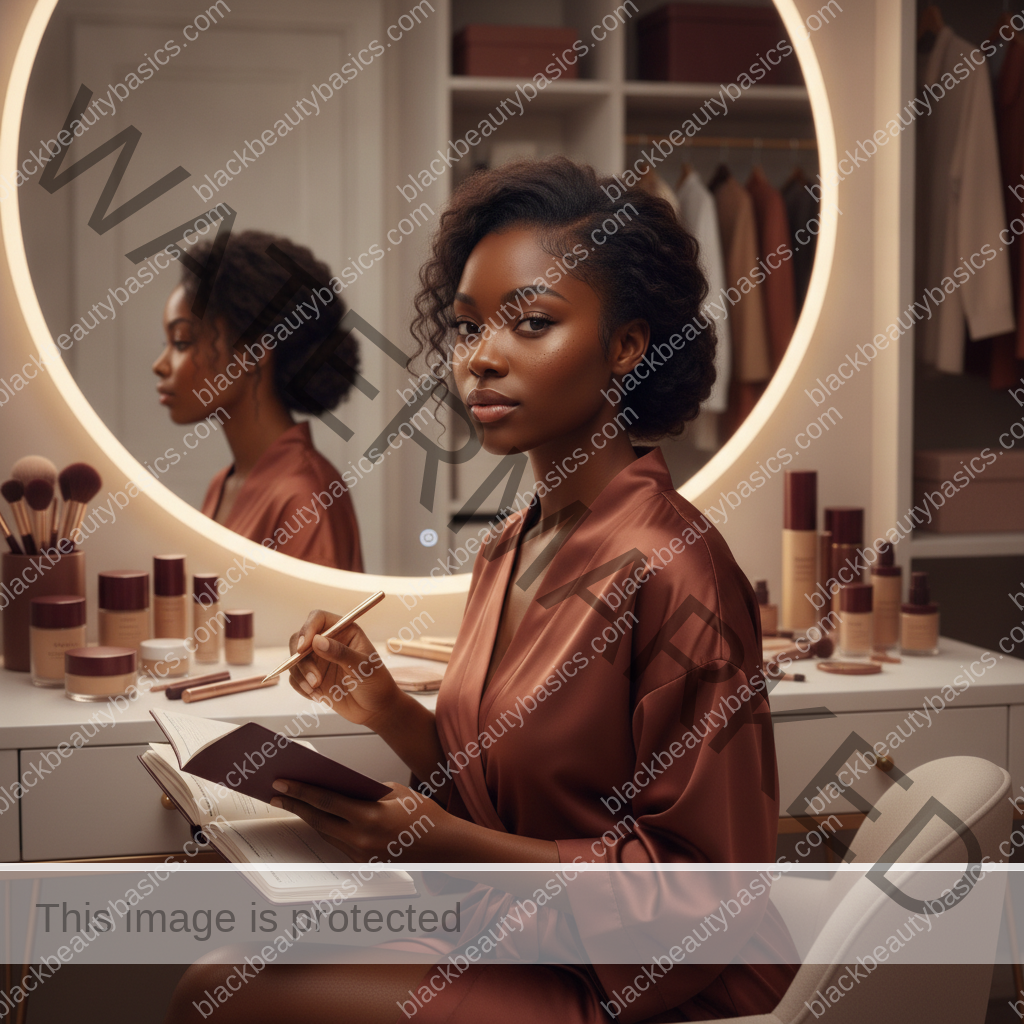 Melanin-rich Black woman with rich brown skin navigating beauty choices in a realistic editorial setting