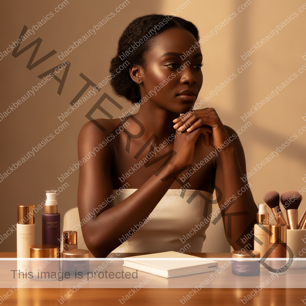 Melanin-rich Black woman thoughtfully planning a quality budget beauty system at a warm vanity