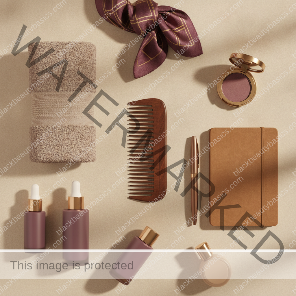 Clean intentional beauty flat lay for Budget Beauty Systems for Black Women Who Still Want Quality in ivory plum bronze and soft gold tones