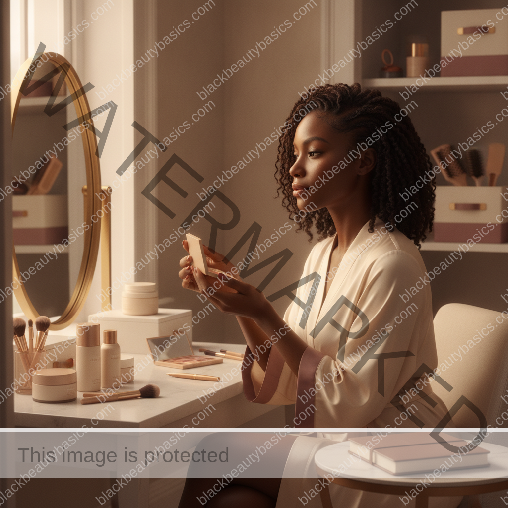 Melanin-rich Black woman with rich brown skin completing an intentional beauty decision step with natural hands
