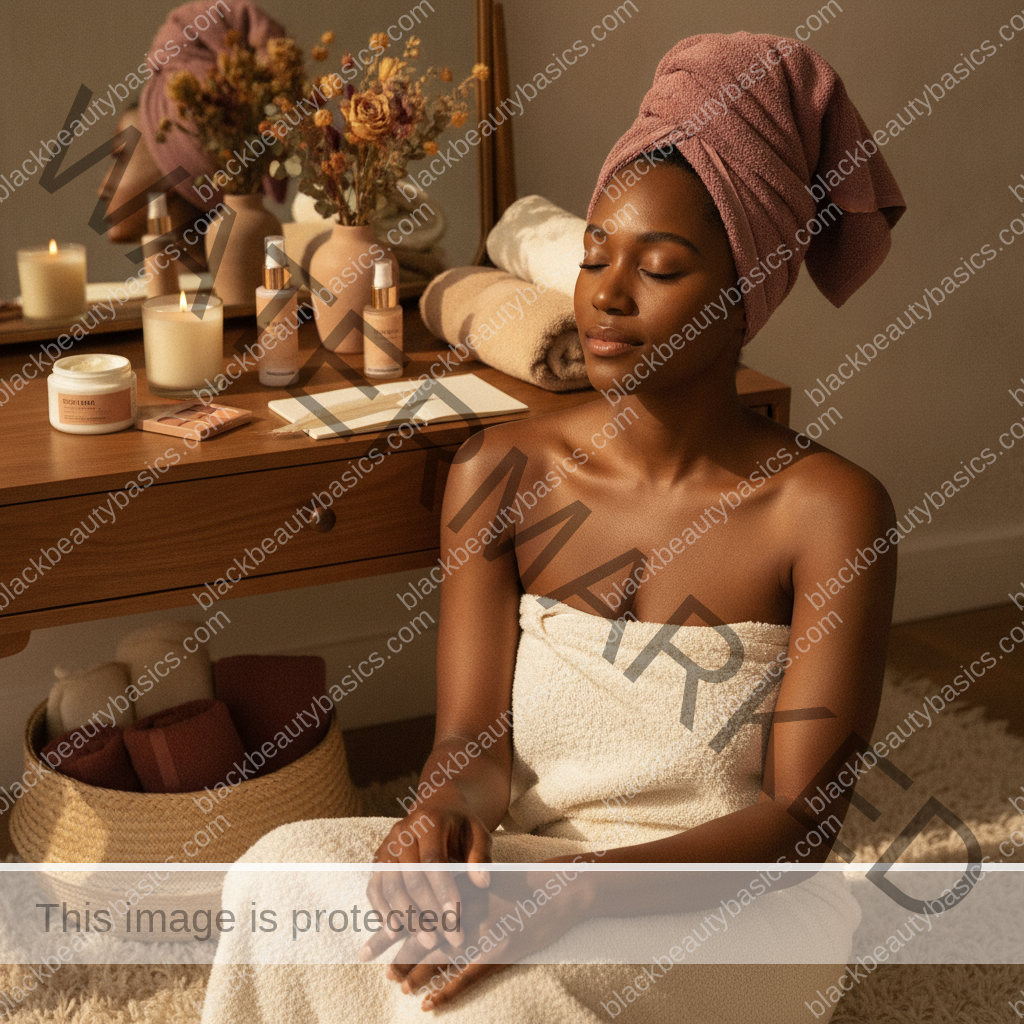 Melanin-rich Black woman with rich brown skin relaxed after a calm beauty ritual