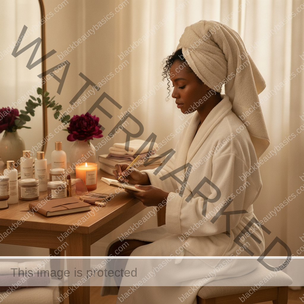 Melanin-rich Black woman with rich brown skin arranging beauty products in a realistic ritual setting