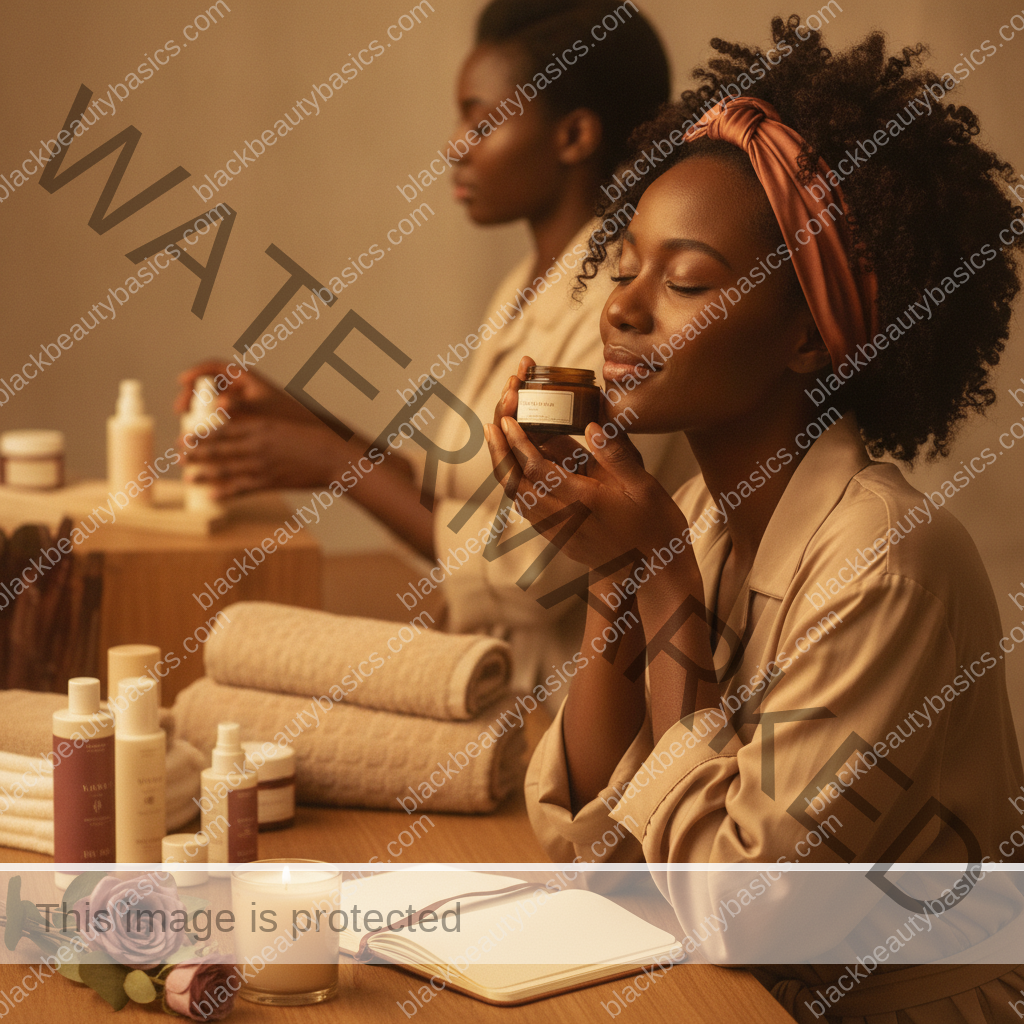 Melanin-rich Black woman with rich brown skin in a calm self-care ritual moment