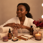 Melanin-rich Black woman with rich brown skin in a warm editorial beauty ritual moment for How to Build a Realistic Beauty Ritual When You Are Burned Out
