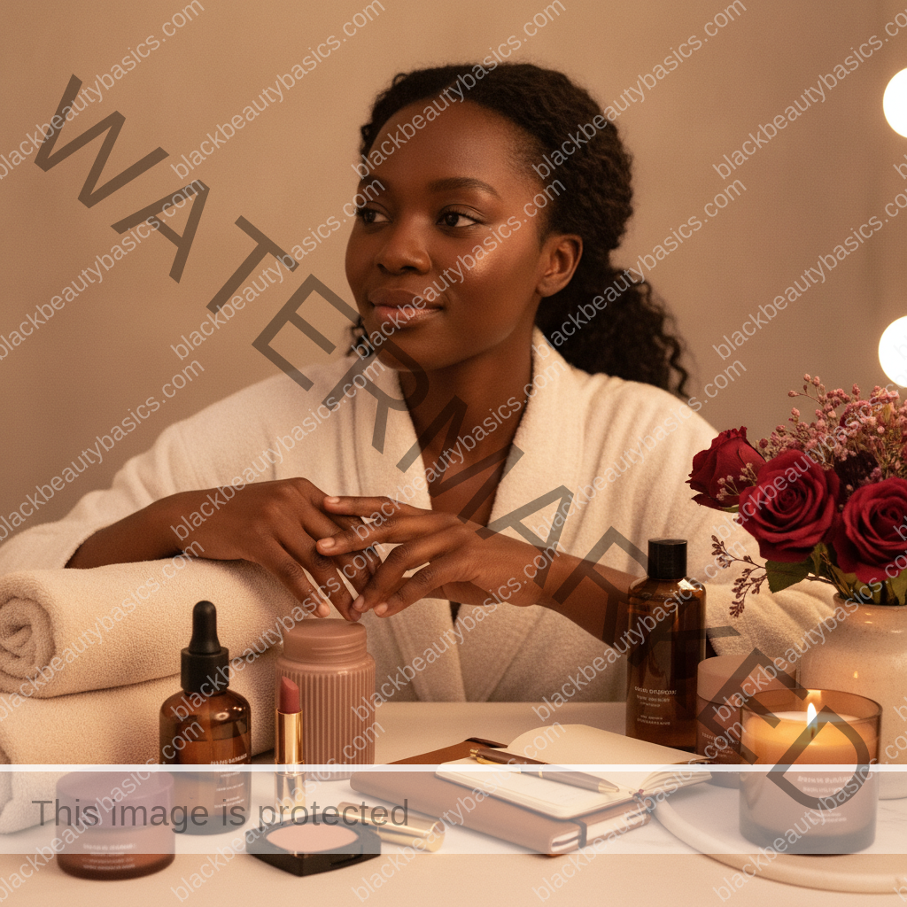Melanin-rich Black woman with rich brown skin in a warm editorial beauty ritual moment for How to Build a Realistic Beauty Ritual When You Are Burned Out