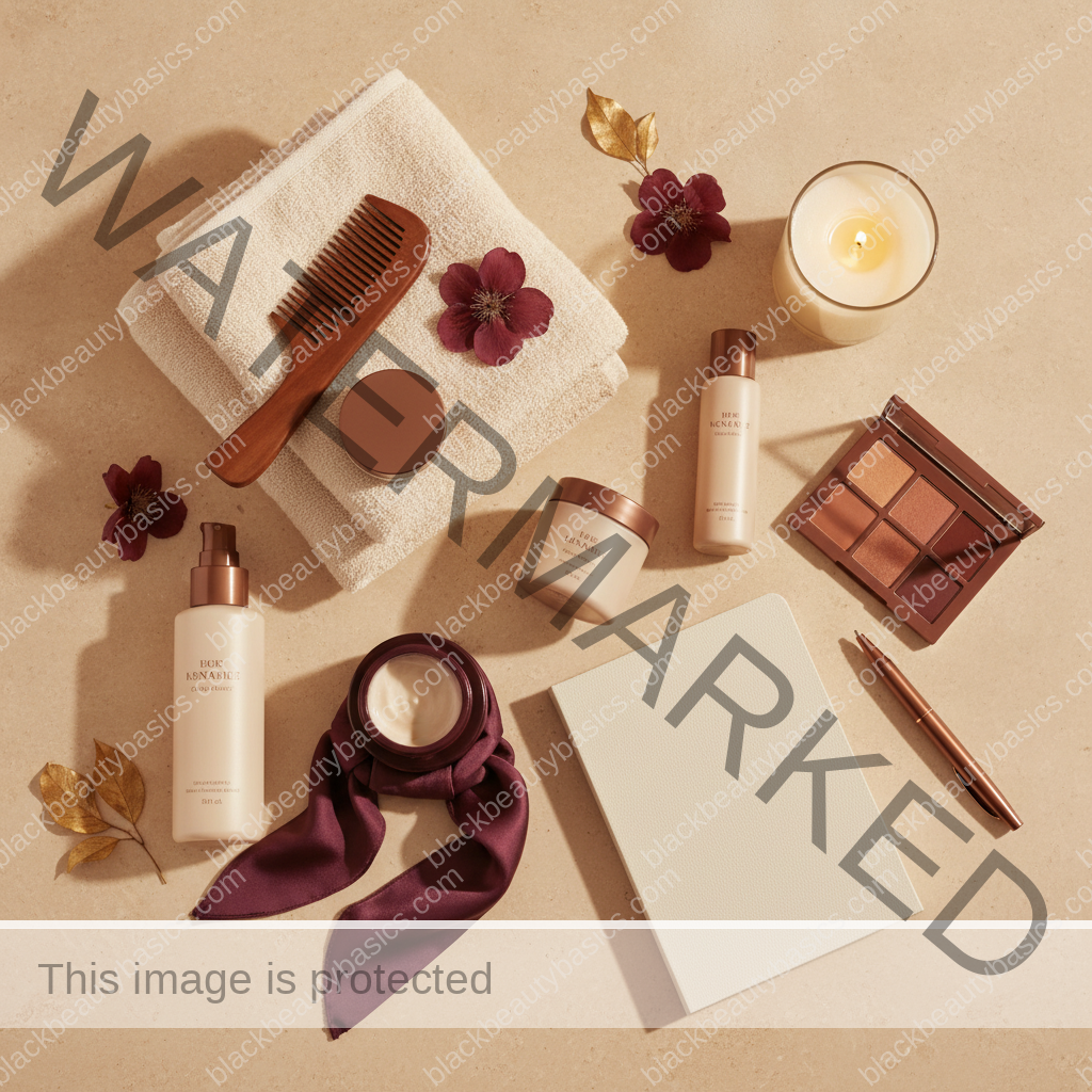 Clean self-care and beauty ritual flat lay for How to Build a Realistic Beauty Ritual When You Are Burned Out in ivory plum bronze and soft gold tones