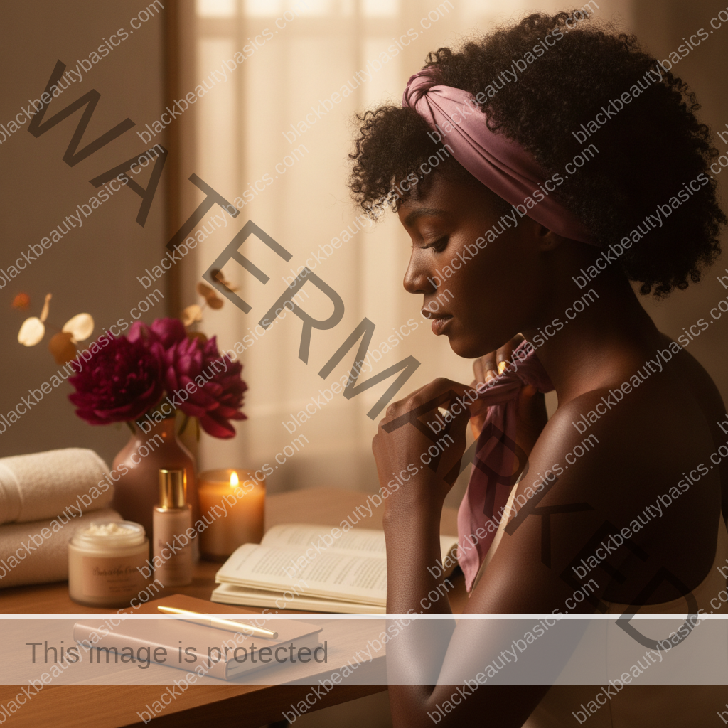 Melanin-rich Black woman with rich brown skin completing a gentle beauty ritual step with natural hands