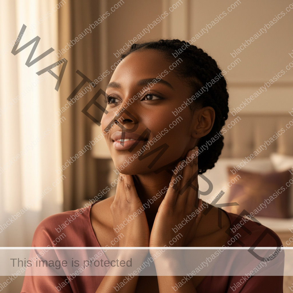 Melanin-rich Black woman with rich brown skin and textured hair relaxed after a gentle scalp-care routine