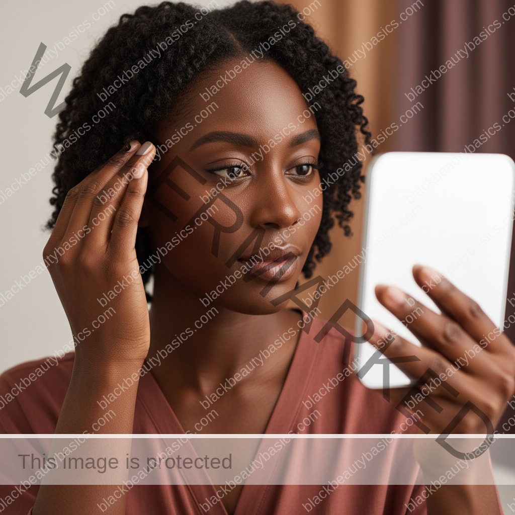Melanin-rich Black woman with rich brown skin and textured hair gently checking scalp or hairline in a mirror
