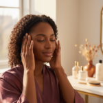 Melanin-rich Black woman with rich brown skin and textured hair in a warm editorial scalp-care moment for A Calm Scalp Routine for Black Women Wearing Wigs Regularly
