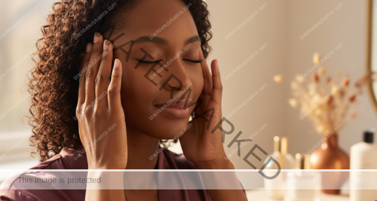 Melanin-rich Black woman with rich brown skin and textured hair in a warm editorial scalp-care moment for A Calm Scalp Routine for Black Women Wearing Wigs Regularly