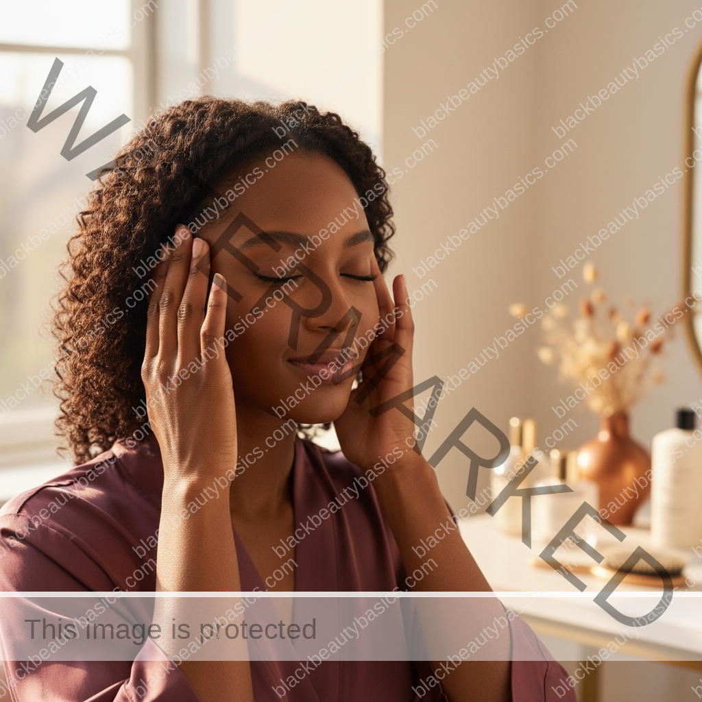 Melanin-rich Black woman with rich brown skin and textured hair in a warm editorial scalp-care moment for A Calm Scalp Routine for Black Women Wearing Wigs Regularly