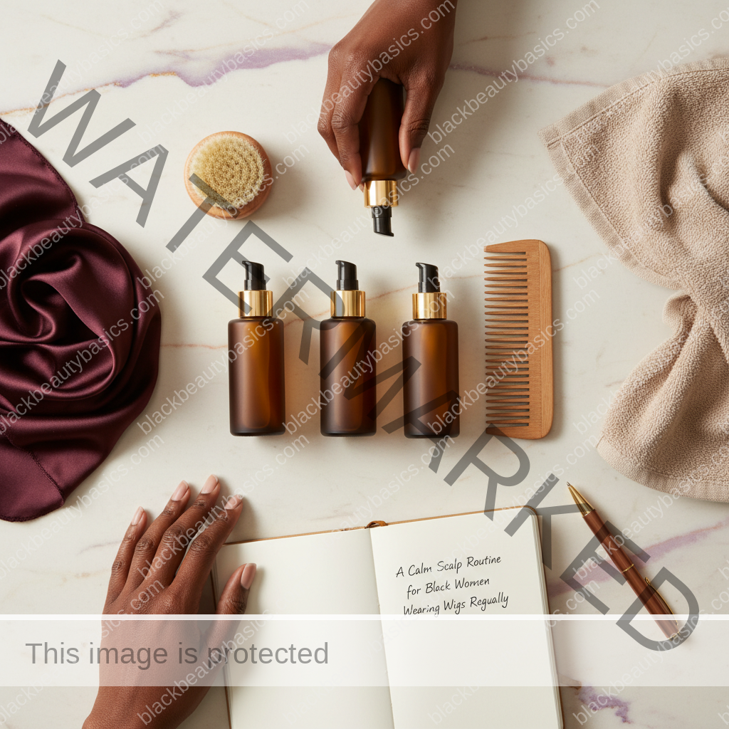 Scalp-care essentials for A Calm Scalp Routine for Black Women Wearing Wigs Regularly in ivory plum bronze and soft gold tones