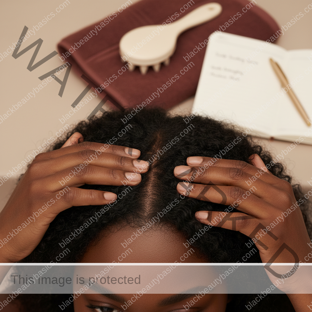 Melanin-rich Black woman with rich brown skin and textured hair using a practical scalp-care step with natural hands and correct anatomy