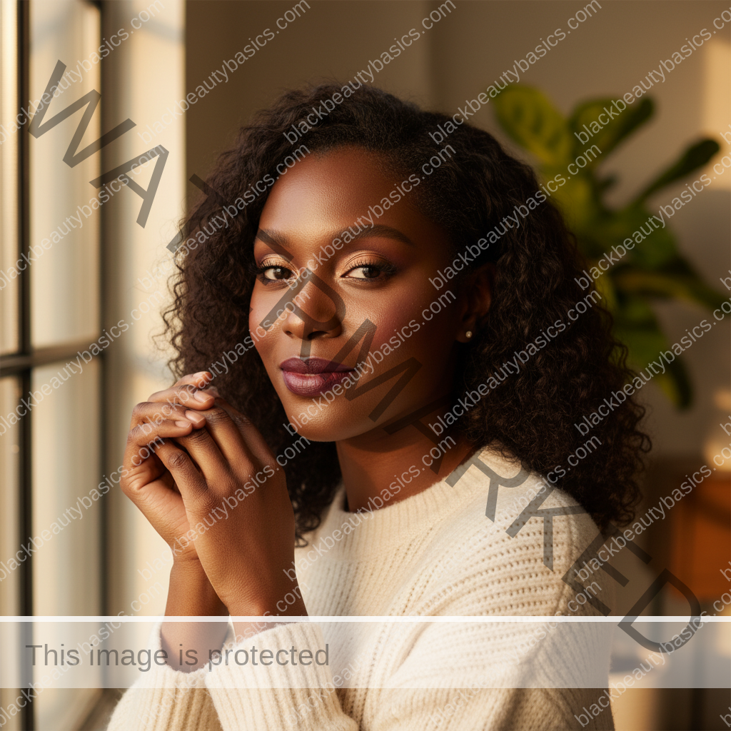 Melanin-rich Black woman with rich brown skin and textured hair relaxed with dimensional makeup for deep skin