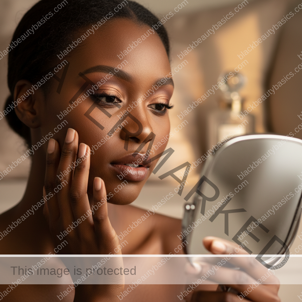 Melanin-rich Black woman with rich brown skin and textured hair in a calm mirror moment checking makeup undertone and finish