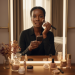Melanin-rich Black woman with rich brown skin and textured hair in a warm editorial makeup moment for Camera-Ready Makeup for Deep Skin on Zoom and Video Calls