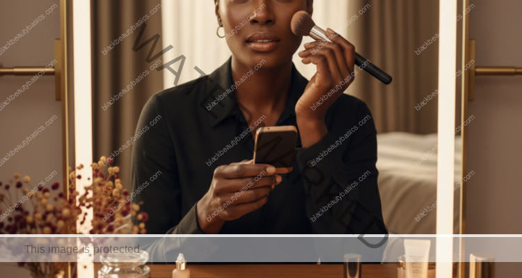 Melanin-rich Black woman with rich brown skin and textured hair in a warm editorial makeup moment for Camera-Ready Makeup for Deep Skin on Zoom and Video Calls