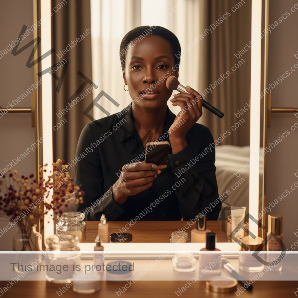 Melanin-rich Black woman with rich brown skin and textured hair in a warm editorial makeup moment for Camera-Ready Makeup for Deep Skin on Zoom and Video Calls