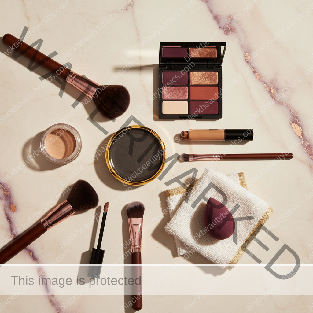 Deep skin makeup essentials for Camera-Ready Makeup for Deep Skin on Zoom and Video Calls in ivory plum bronze and soft gold tones