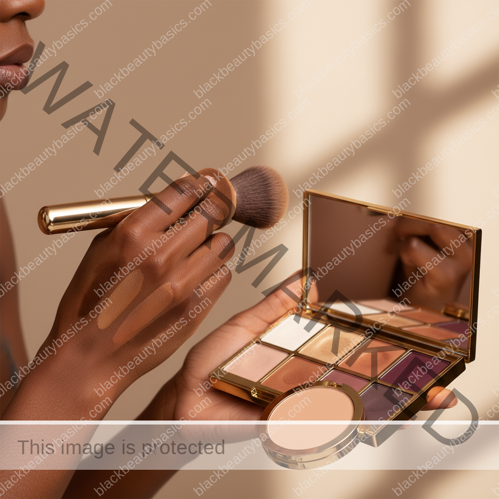 Melanin-rich Black woman with rich brown skin and textured hair using a practical makeup application step with natural hands and correct anatomy