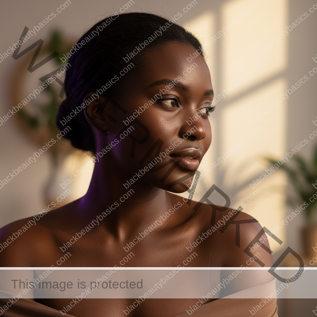Black woman with deep skin relaxed after a gentle acne-safe skincare routine