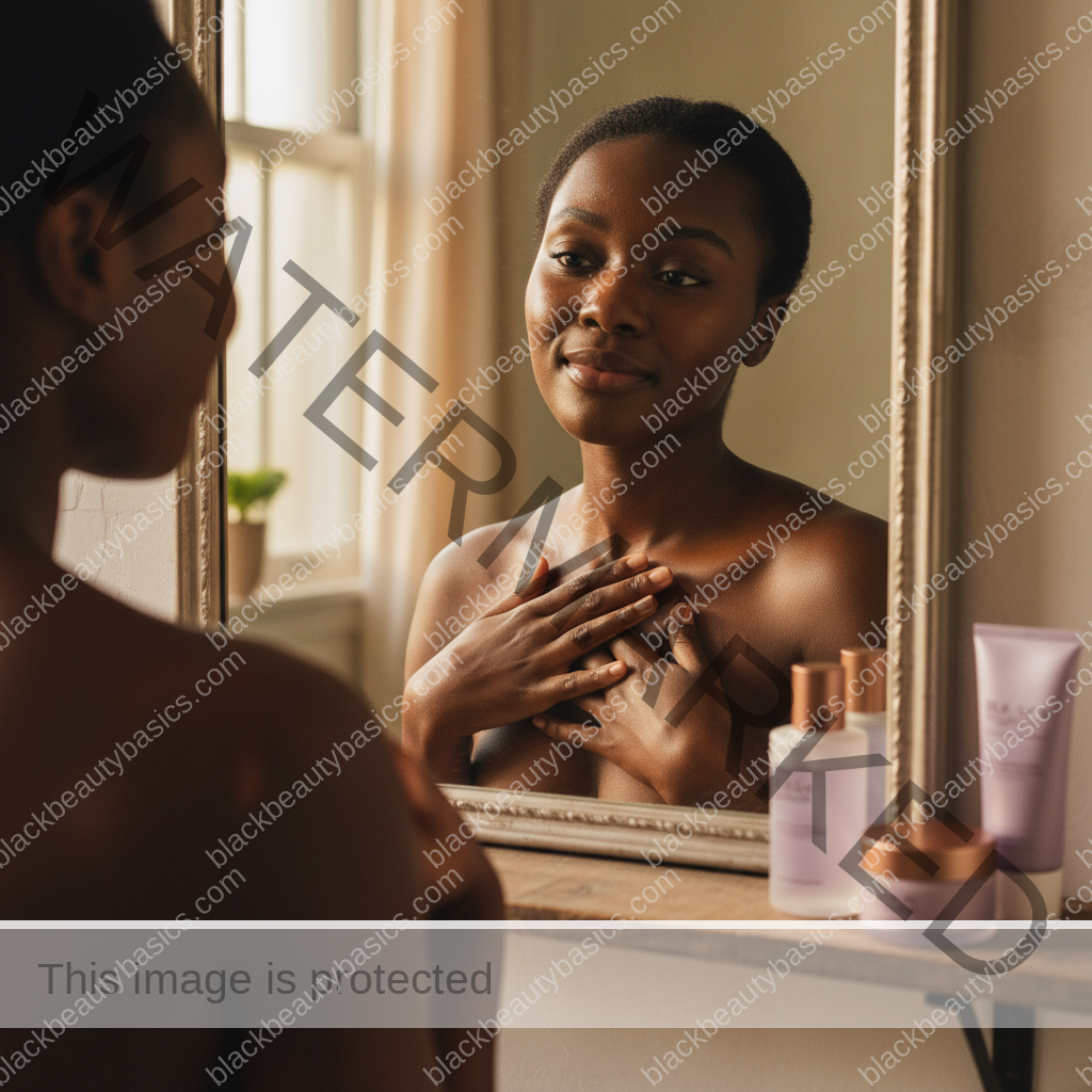 Black woman with richly melanated skin reflecting gently during an acne care routine