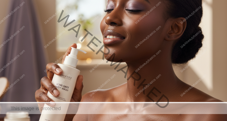 Black woman with deep skin in a calm acne-safe skincare moment for Chest and Back Acne Routine for Melanin-Rich Skin