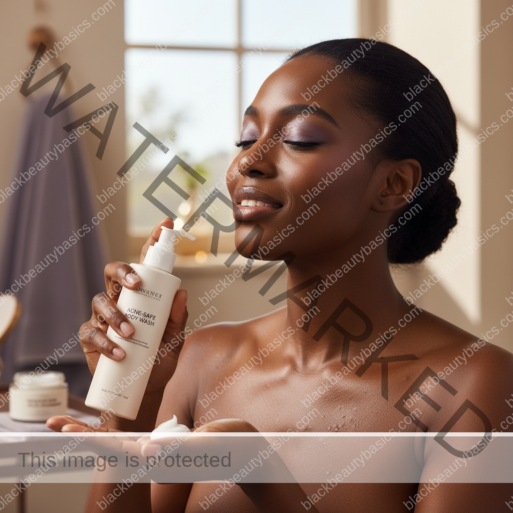 Black woman with deep skin in a calm acne-safe skincare moment for Chest and Back Acne Routine for Melanin-Rich Skin