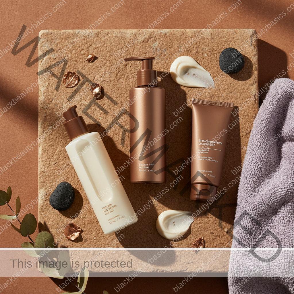 Acne-safe skincare essentials arranged for Chest and Back Acne Routine for Melanin-Rich Skin