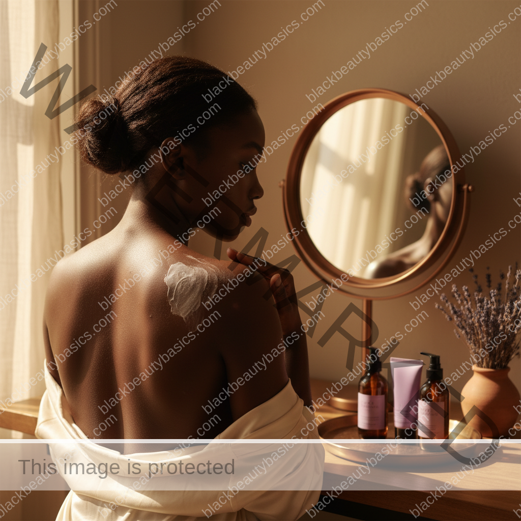 Black woman applying a gentle acne routine step for Chest and Back Acne Routine for Melanin-Rich Skin