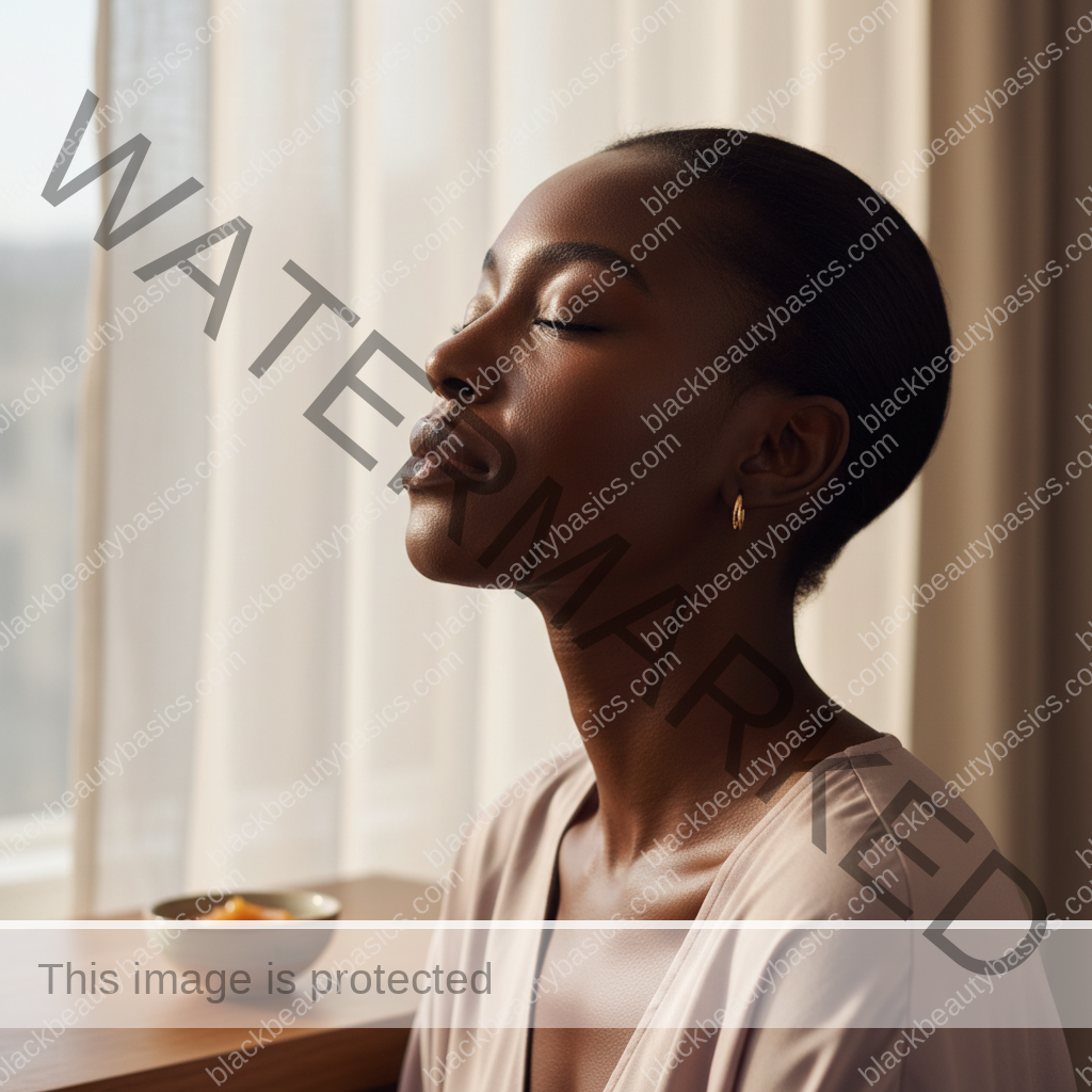 Black woman with deep skin relaxed after a gentle acne-safe skincare routine