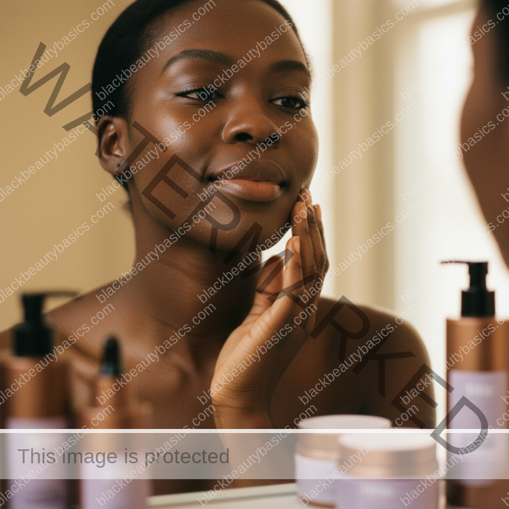 Black woman with richly melanated skin reflecting gently during an acne care routine