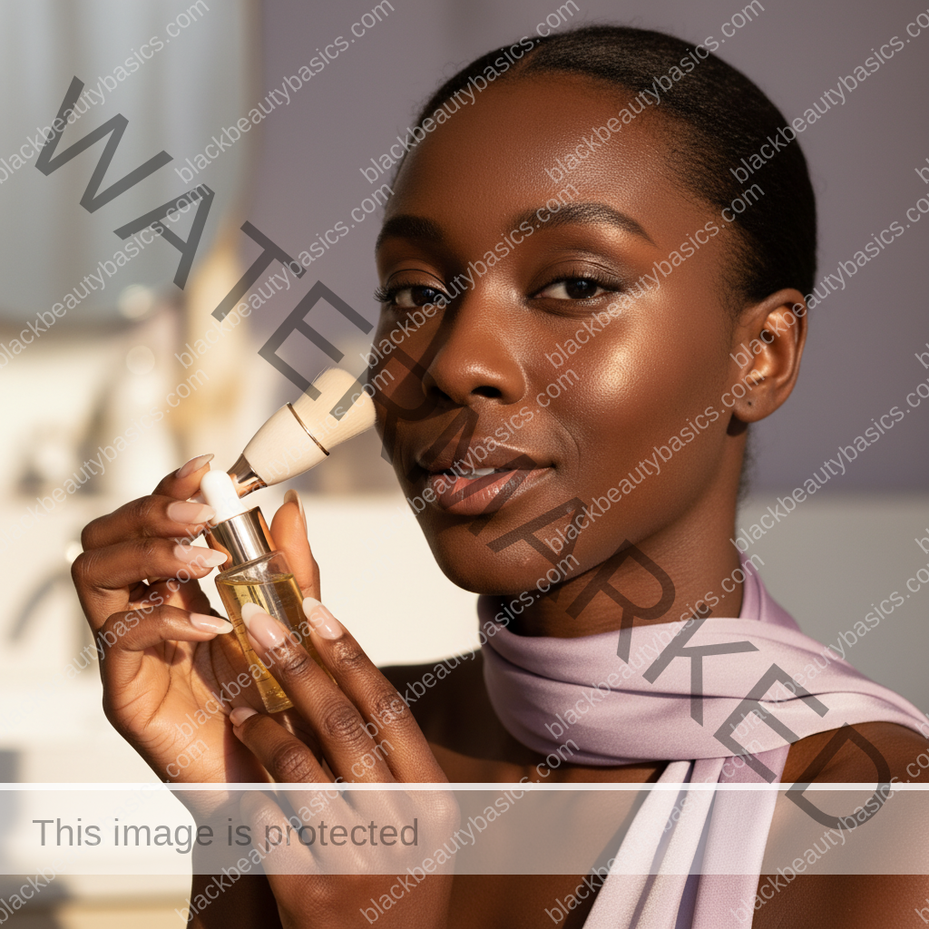 Black woman with deep skin in a calm acne-safe skincare moment for Chin and Jaw Acne on Dark Skin: How to Think Through Common Patterns