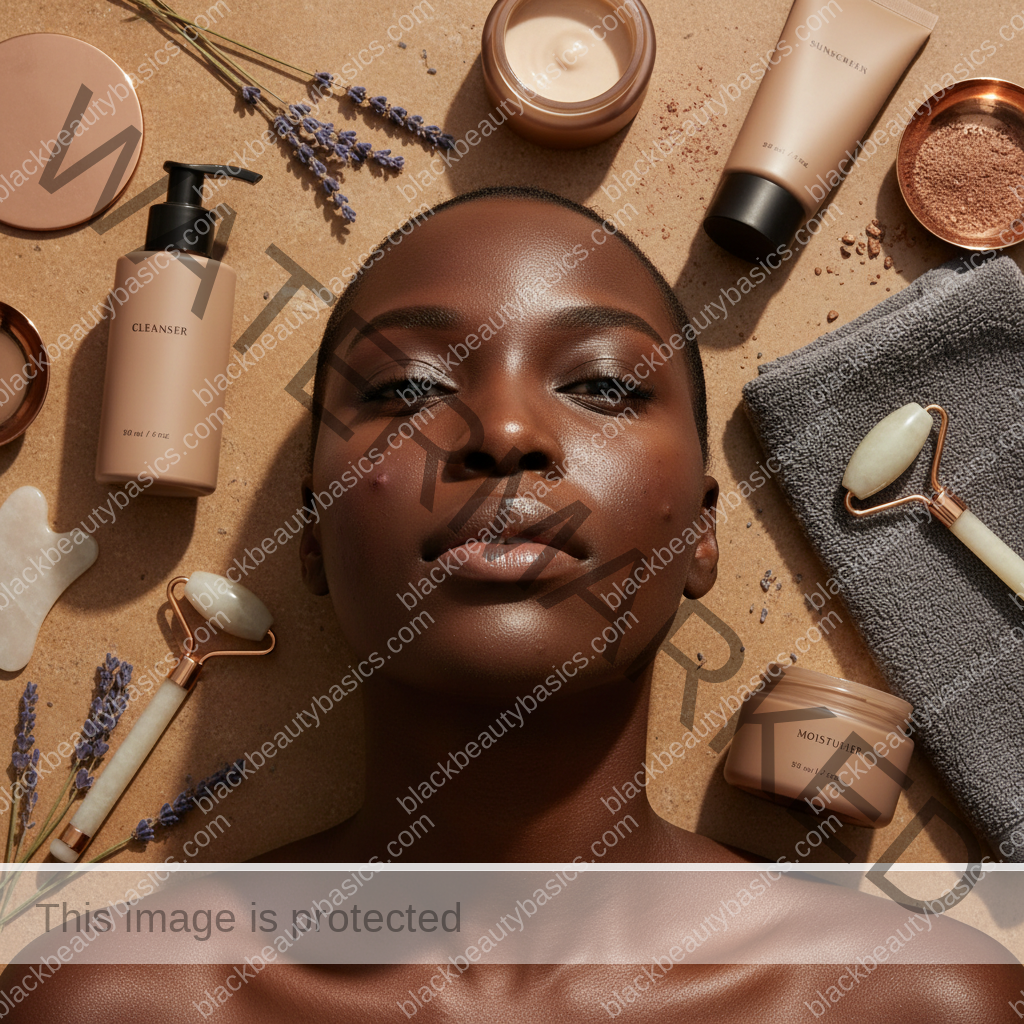 Acne-safe skincare essentials arranged for Chin and Jaw Acne on Dark Skin: How to Think Through Common Patterns