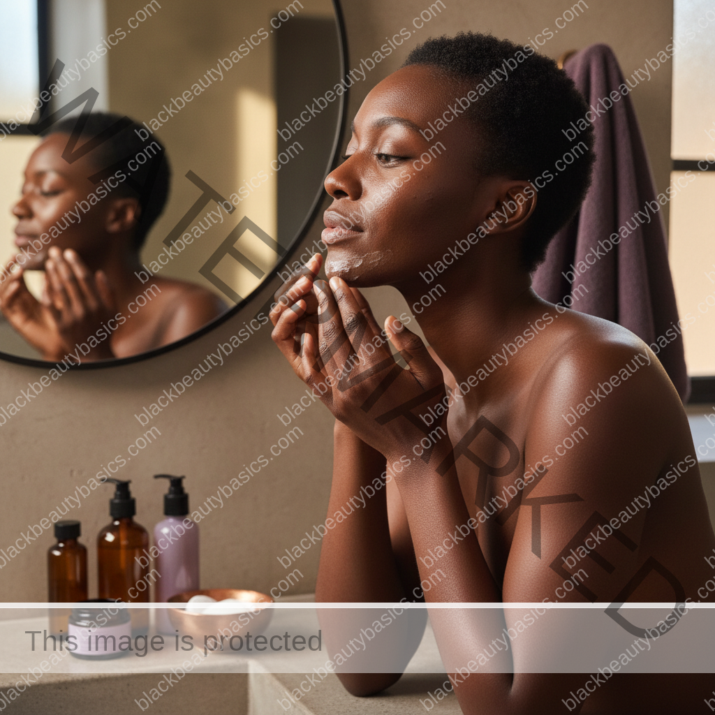 Black woman applying a gentle acne routine step for Chin and Jaw Acne on Dark Skin: How to Think Through Common Patterns