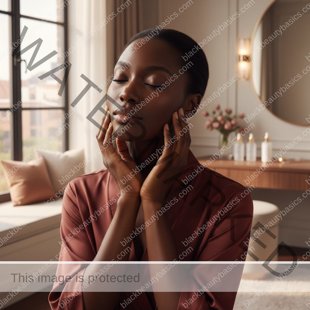 Melanin-rich Black woman with rich brown skin and textured hair relaxed after a calm skin-care or treatment-safety routine