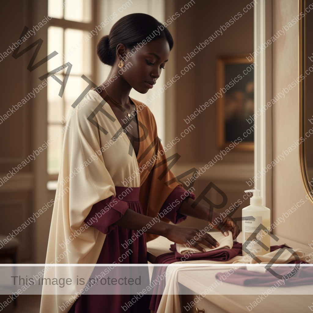 Melanin-rich Black woman sorting soft clothing and gentle laundry products in a calm editorial setting