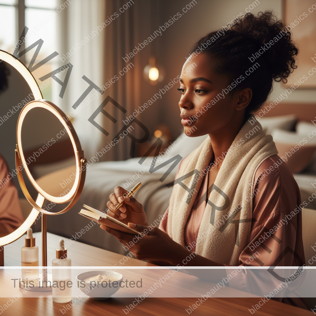 Melanin-rich Black woman with rich brown skin and textured hair in a calm mirror or note-taking moment