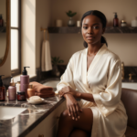 Melanin-rich Black woman with rich brown skin and textured hair in a warm editorial dark-skin care moment for Clothing, Detergents, and Chronic Skin Irritation on Dark Skin
