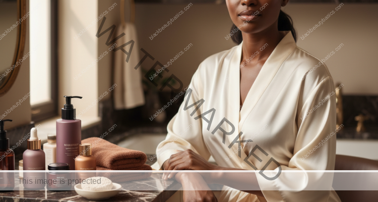 Melanin-rich Black woman with rich brown skin and textured hair in a warm editorial dark-skin care moment for Clothing, Detergents, and Chronic Skin Irritation on Dark Skin